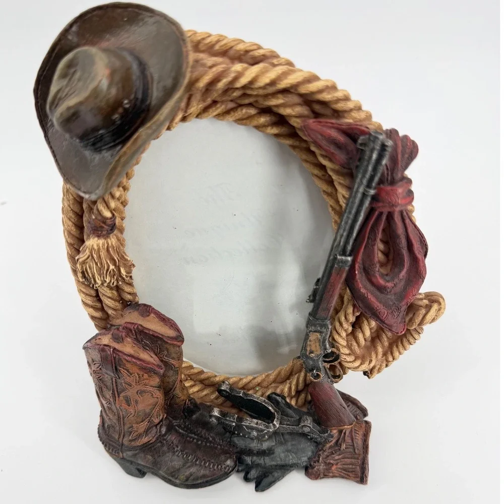 Western Cowboy Country Picture Frame Unisex OS Brown Rope Boots Hat Rifle 3D